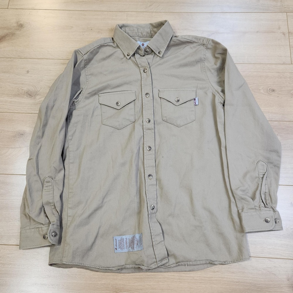 Tyndale FR Shirt Mens Large Beige Solid Twill Button Up Long Sleeve Workwear